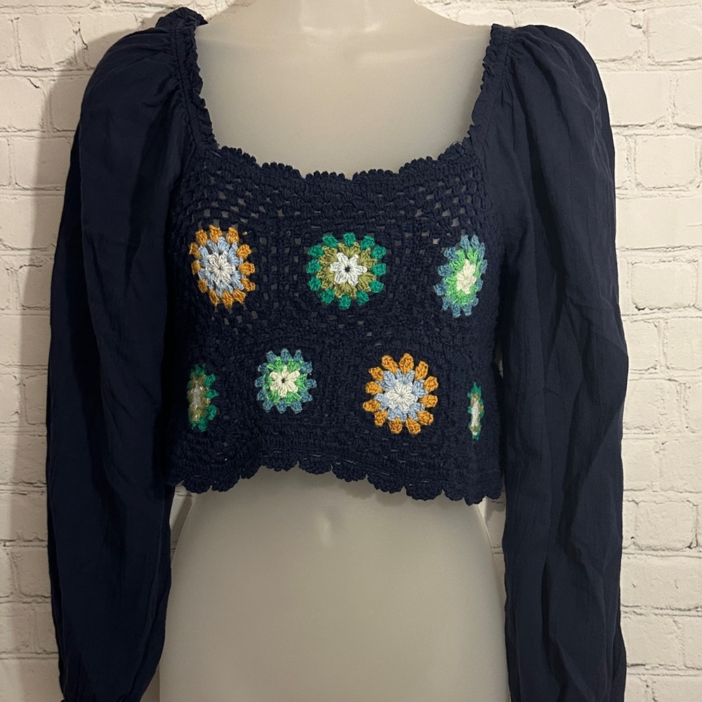 Aerie Navy Crochet Floral Cotton Women's Crop Top
